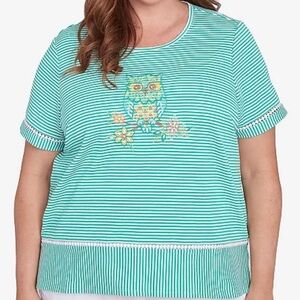 Alfred Dunner Teal Striped Owl Embroidered women Top 2X NWT